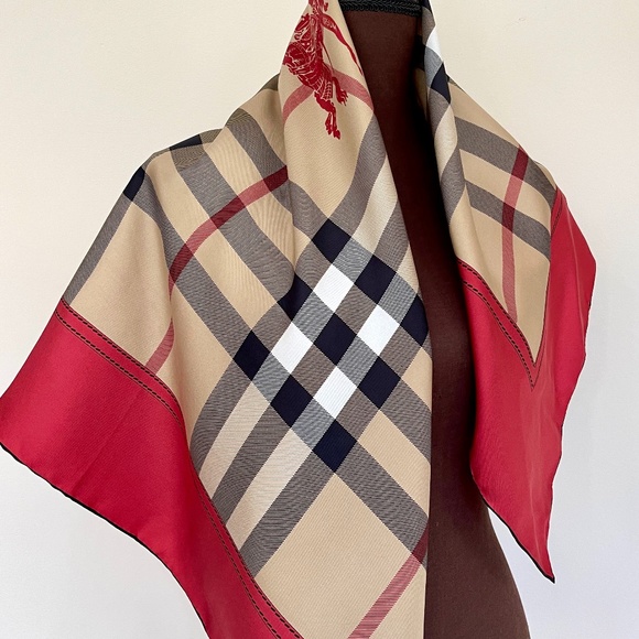 Display # 2 Burberry New Classic Check Pattern Red Border Silk Scarf - Picture 1 of 16